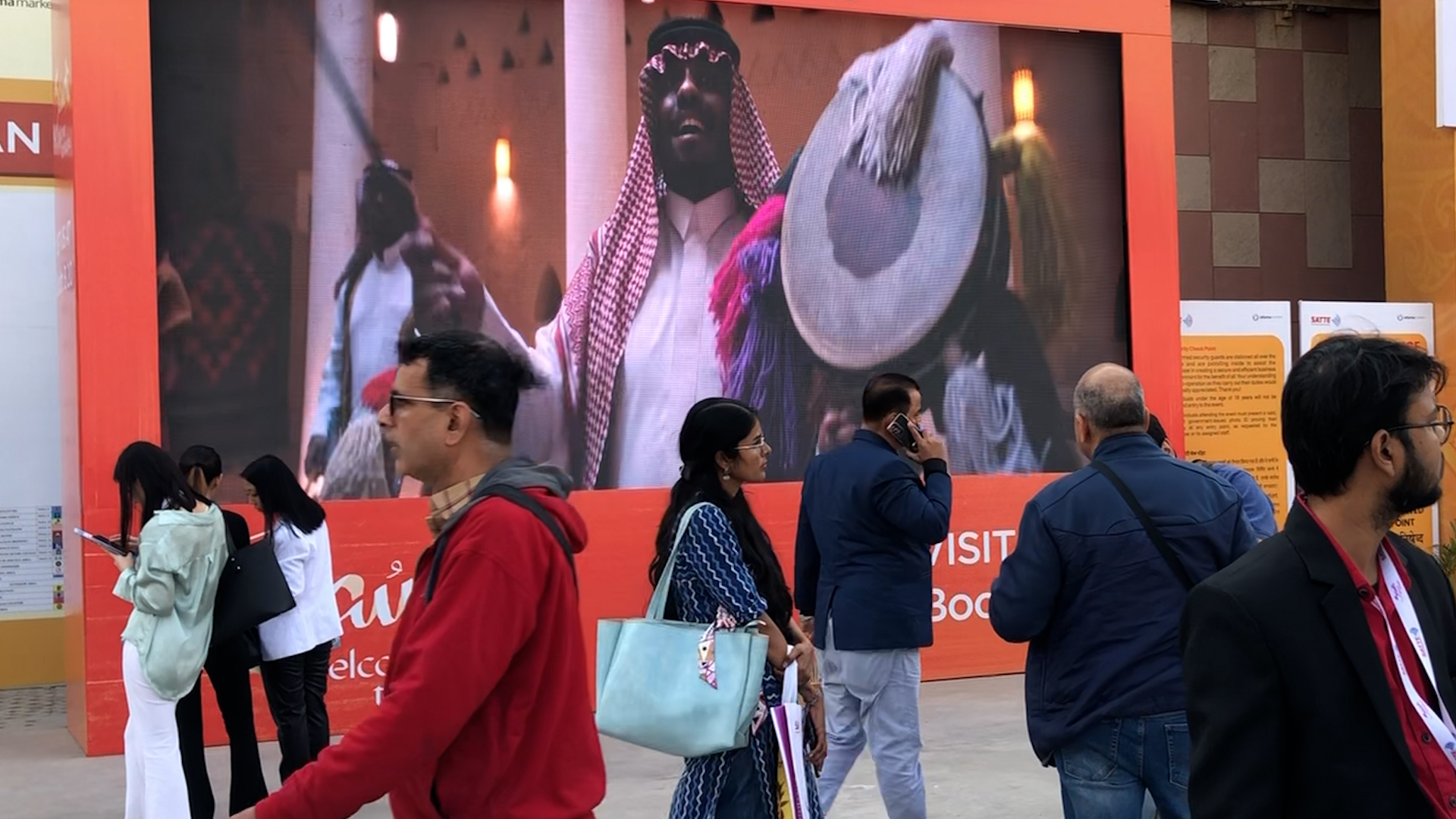 A poster advertises Saudi Arabia’s pavilion at the South Asian Travel and Tourism Exchange in Noida, in the Indian capital region, on Feb. 11, 2023. (AN Photo)