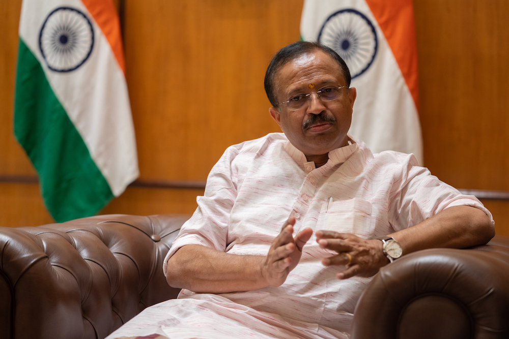 India’s Minister of State for External Affairs and Parliamentary Affairs V. Muraleedharan speaking to Arab News during an interview in Riyadh. (AN Photo/Huda Bashatah)