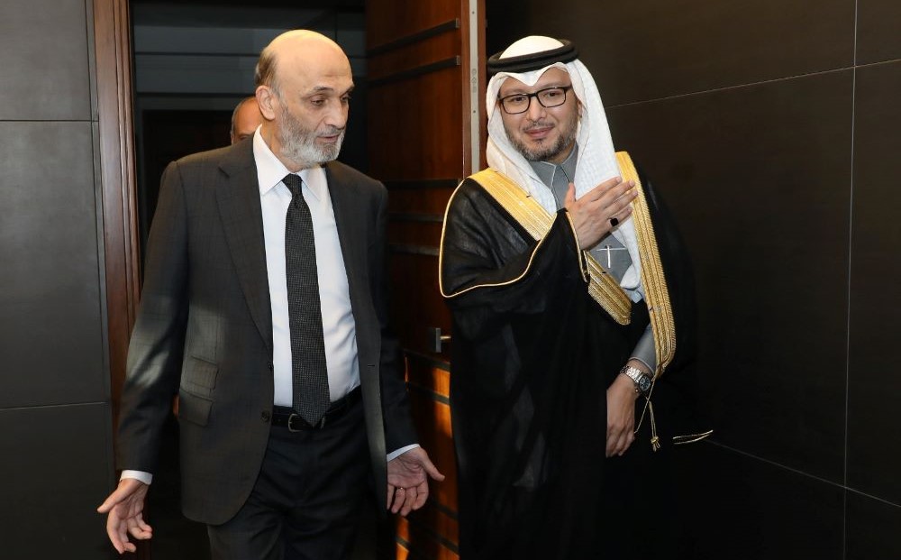 Ambassador of the Kingdom of Saudi Arabia to Lebanon Walid Al-Bukhari, right, and leader of the Lebanese Forces party Samir Geagea, Maarab, Lebanon, May 2, 2023. (Twitter/@DrSamirGeagea)