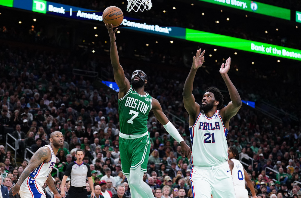 Boston Celtics guard Jaylen Brown drives to the basket against Philadelphia 76ers center Joel Embiid in the third quarter during Game 2 of the 2023 NBA playoffs at TD Garden Wednesday. (USA TODAY Sports)