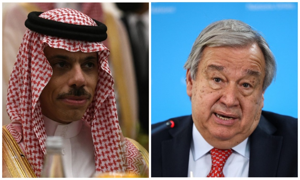 Saudi Arabia’s Foreign Minister Prince Faisal bin Farhan and UN Secretary-General Antonio Guterres. (File/AFP)