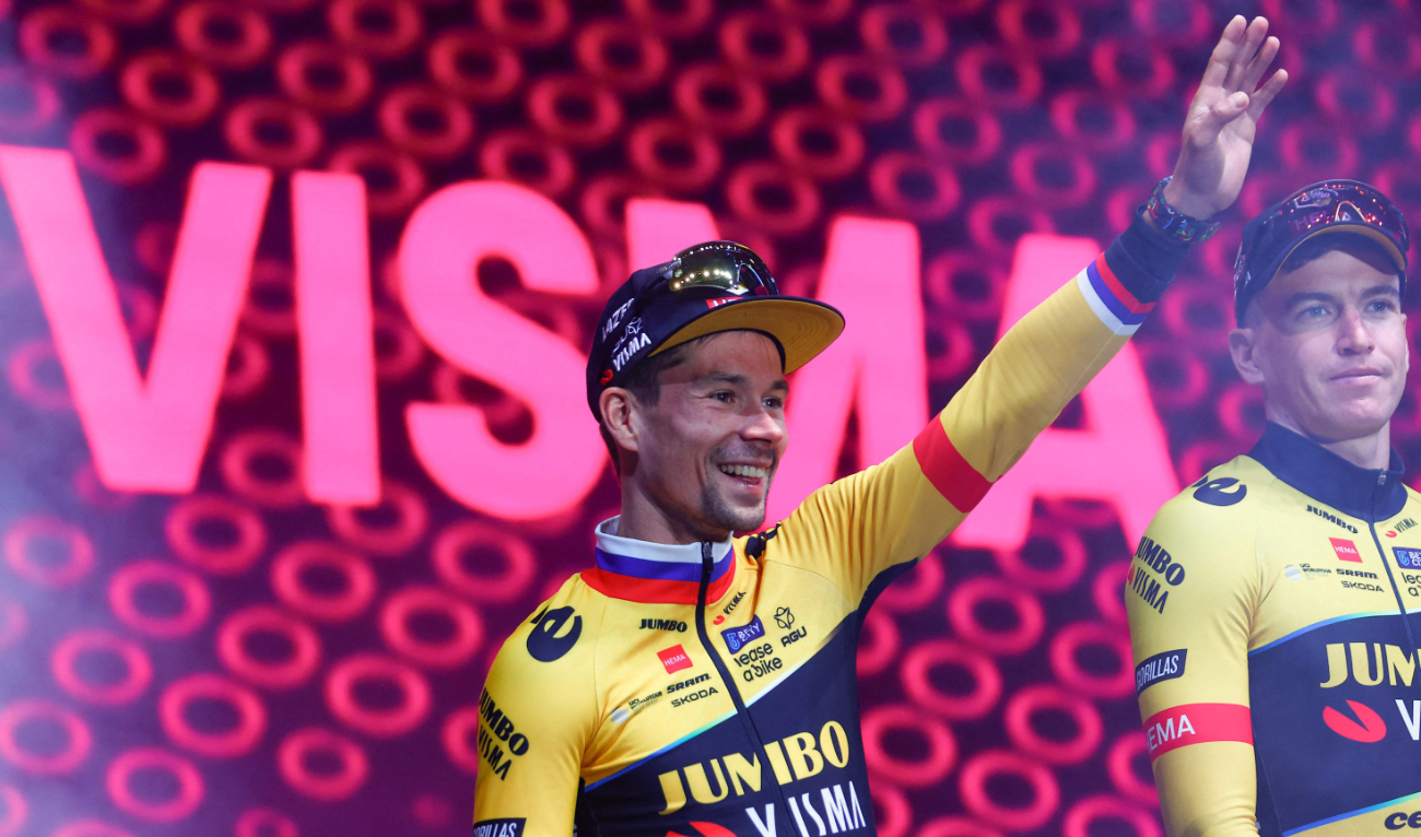 Jumbo-Visma's Slovenian rider Primoz Roglic during the opening ceremony and team presentation in Pescara, on Thursday, two days before the departure of the Giro d'Italia 2023 cycling race. (AFP)