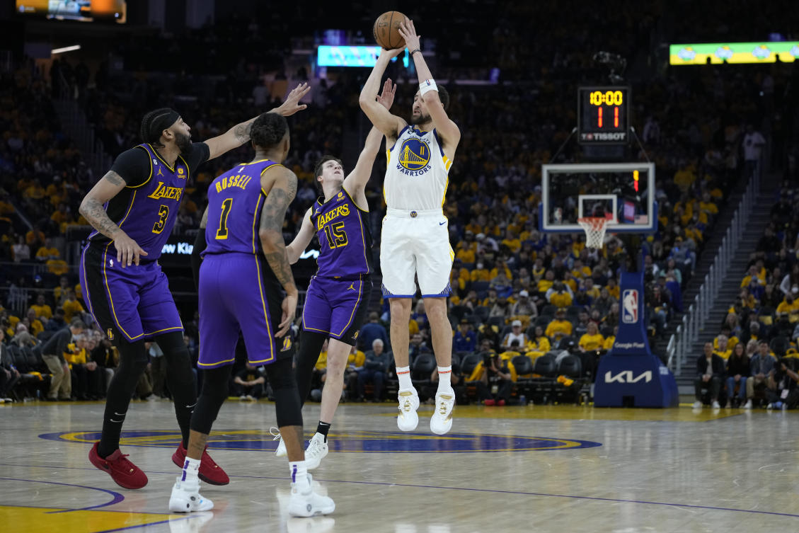 Klay Thompson’s basket with 7:48 left in the third gave Golden State its biggest lead at 82-64 and the Warriors rolled from there. (AP)