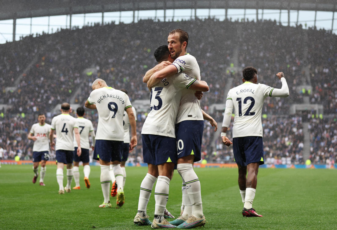 Tottenham Hotspur’s Harry Kane celebrates scoring their first goal with Pedro Porro during their Premier League match against Crystal Palace at Tottenham Hotspur Stadium on May 6, 2023. (Reuters)