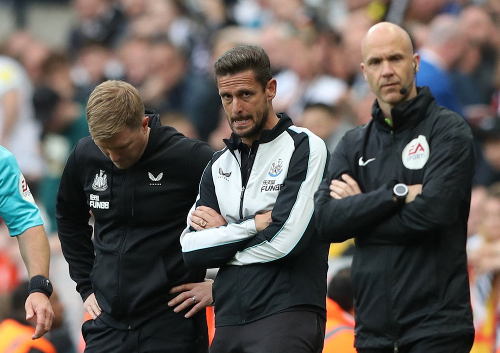 Newcastle United manager Eddie Howe and assistant manager Jason Tindall during the defeat to Arsenal. (Reuters)