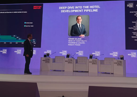 Turab Saleem, Knight Frank’s head of hospitality, speaking at the Future Hospitality Summit in Riyadh (AN)