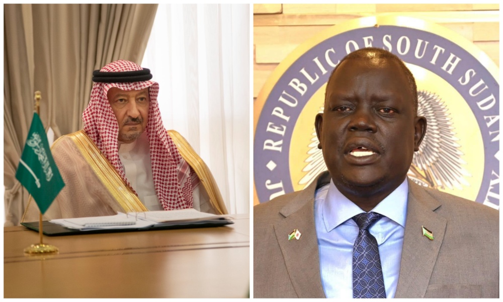 Saudi Deputy Foreign Minister Waleed bin Abdulkarim Al-Khuraiji and South Sudan’s Acting Minister of Foreign Affairs Deng Dau Deng Malek. (File/@W_Elkhereiji/SouthSudan Foreign Ministry)