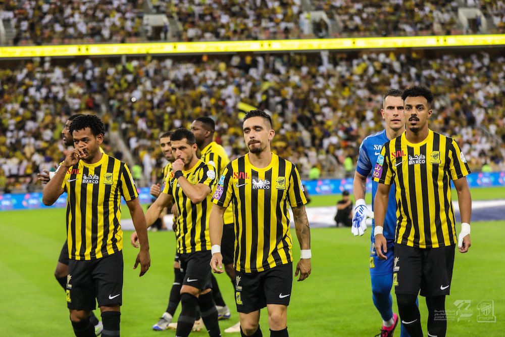 Al-Ittihad defeated Abha 4-0 to move five points clear at the top of the Saudi Pro League with four games to go. (Twitter/@ittihad)