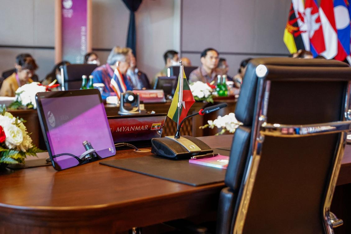 ASEAN’s diplomatic attempts to resolve the crisis have been fruitless as the junta ignores international criticism and refuses to engage with its opponents. Above, a vacant chair for the Myanmar delegation during the ASEAN Foreign Ministers’ meeting in Labuan Bajo, Indonesia on May 9, 2023. (AFP)