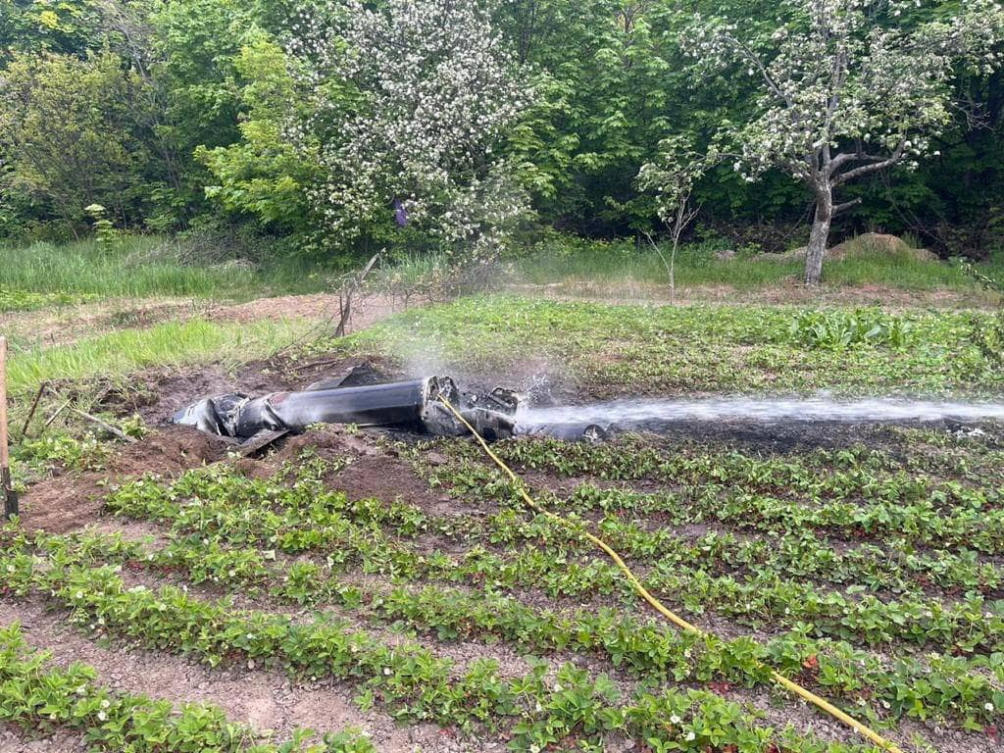 A part of a cruise missile shot down during a Russian missile strike is seen in the backyard of a private house, in Kyiv on May 9, 2023. (Reuters)
