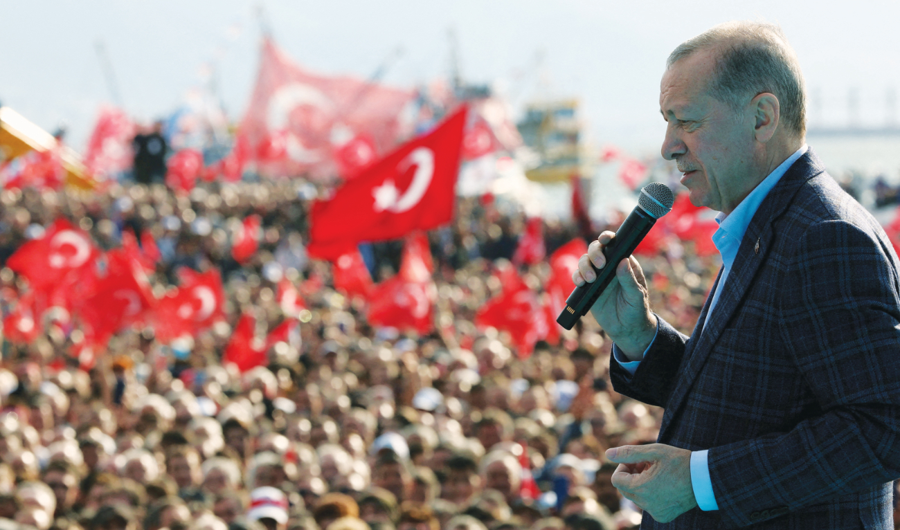 Turkish President Tayyip Erdogan addresses his supporters during a rally ahead of the May 14 presidential and parliamentary elections, in Izmir, Turkiye on April 29. (Reuters)