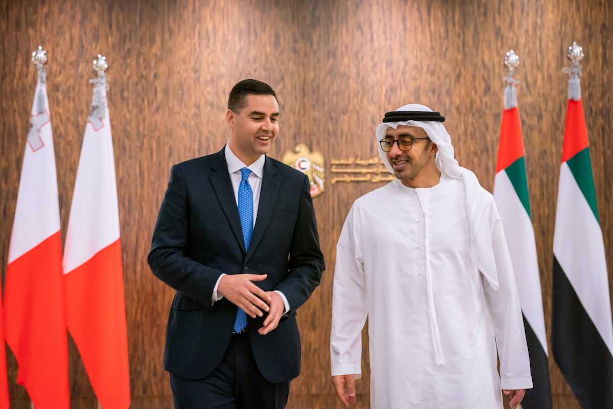 UAE Foreign Minister Sheikh Abdullah bin Zayed Al Nahyan and his Maltese counterpart. (WAM)