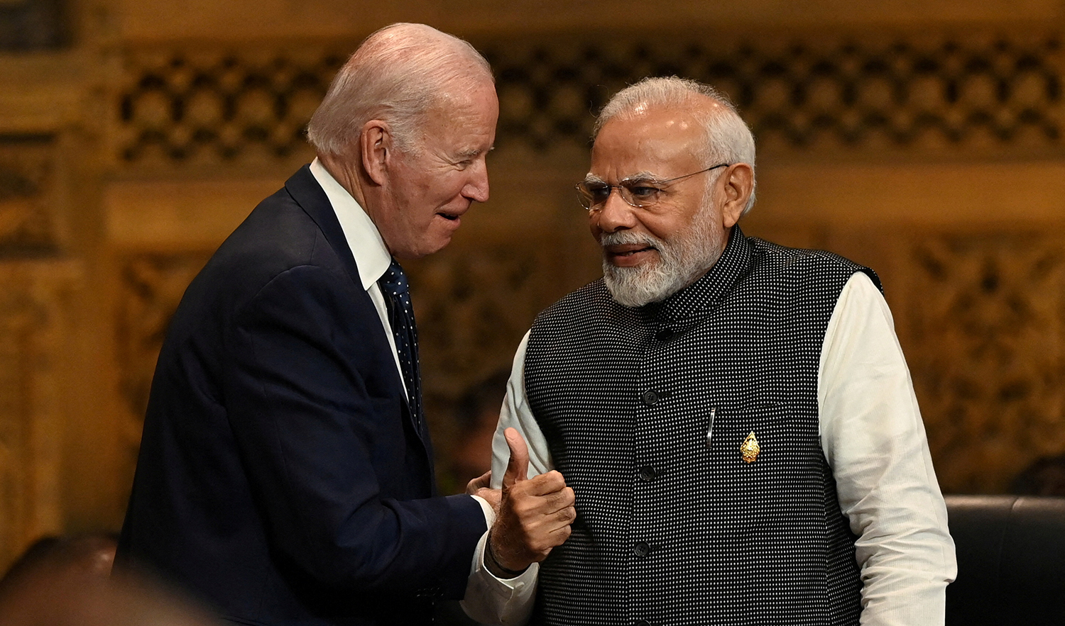 President of the US Joe Biden speaks with Prime Minister of India Narendra Modi at the G20 Summit opening session in Nusa Dua, Bali, Indonesia, on November 15, 2022. (G20 Media Center via REUTERS/File)