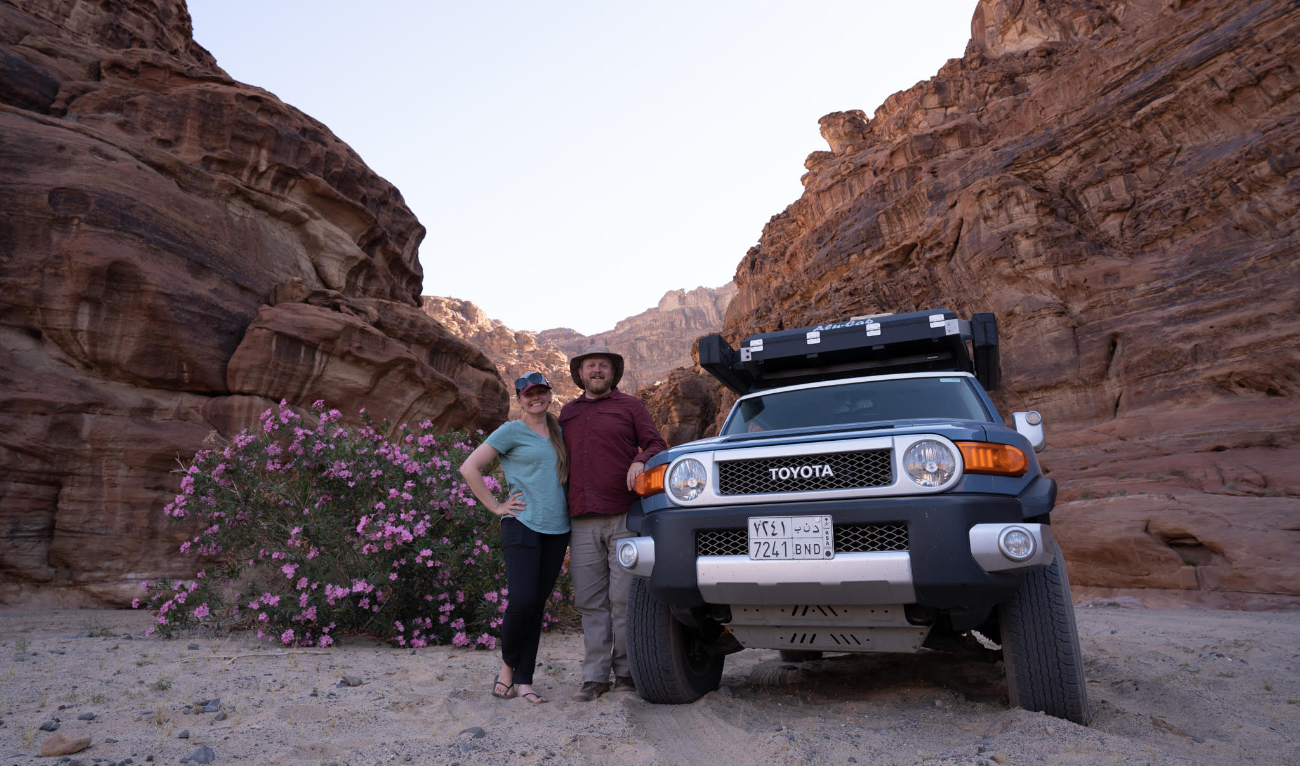 Eric and Ashley Rowell go on long road trips and desert camping adventures to explore various regions of the Kingdom. (Supplied)