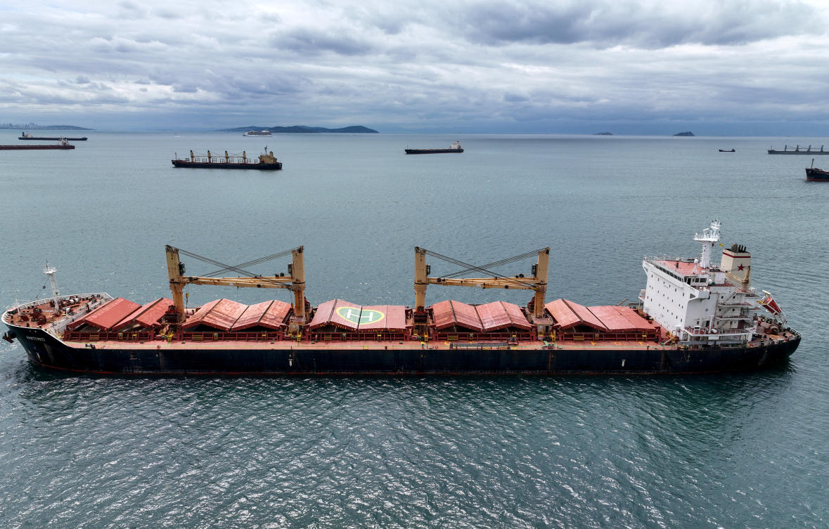 Amfitriti, a bulk carrier part of the Black Sea grain deal, and other commercial vessels wait to pass the Bosphorus strait off the shores of Yenikapi in Istanbul, Turkiye on May 10, 2023. (Reuters)