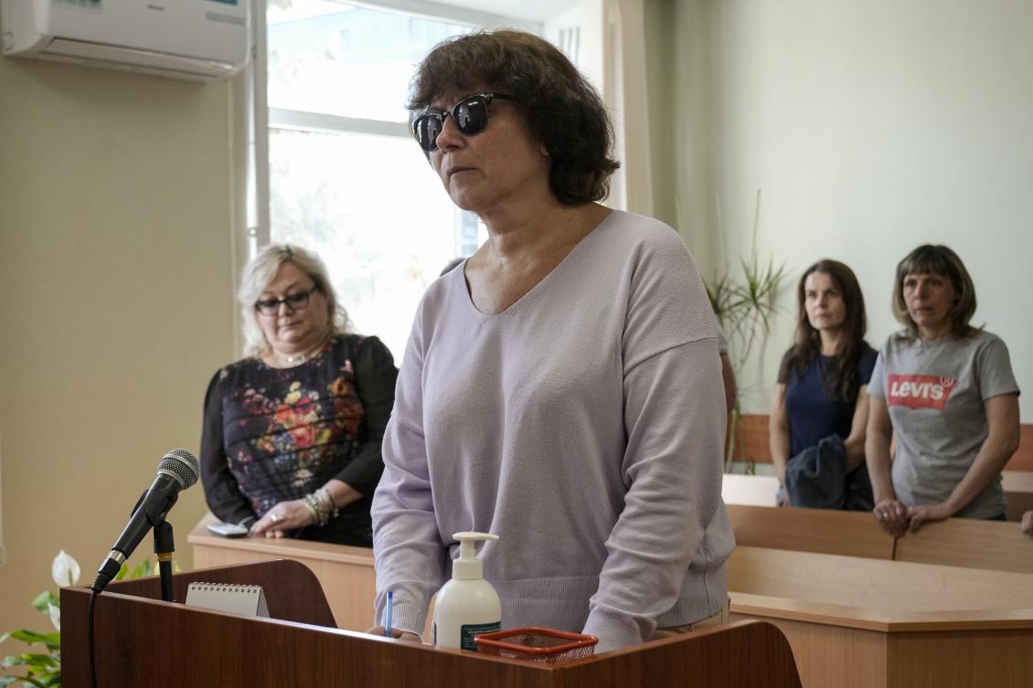 Irina Tsybaneva, 60, stands in a courtroom in St. Petersburg, Russia, on May 11, 2023. Tsybaneva was charged with desecrating a grave after she left insulting words on the grave of Russian President Vladimir Putin’s parents last October. (AP)