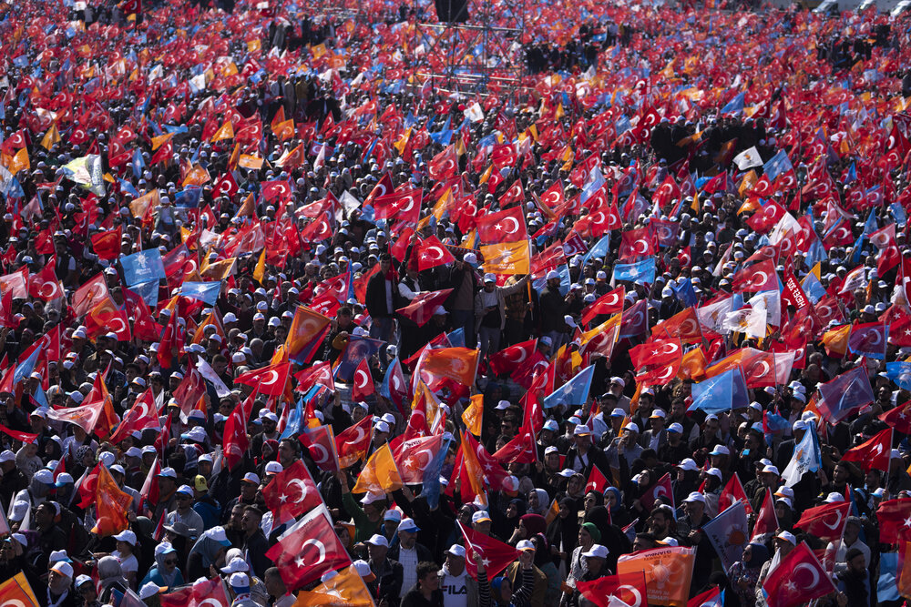 Supporters of People’s Alliance’s presidential candidate Recep Tayyip Erdogan attend an election rally campaign in Istanbul on May 7, 2023. Turkiye is heading toward presidential and parliamentary elections on May 14, 2023. (AP)