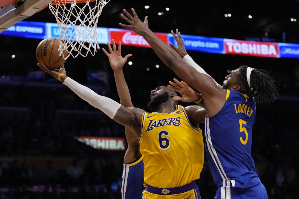 LeBron James had 30 points, nine rebounds and nine assists as the Los Angeles Lakers eliminated the defending NBA champion Golden State Warriors. (AP)