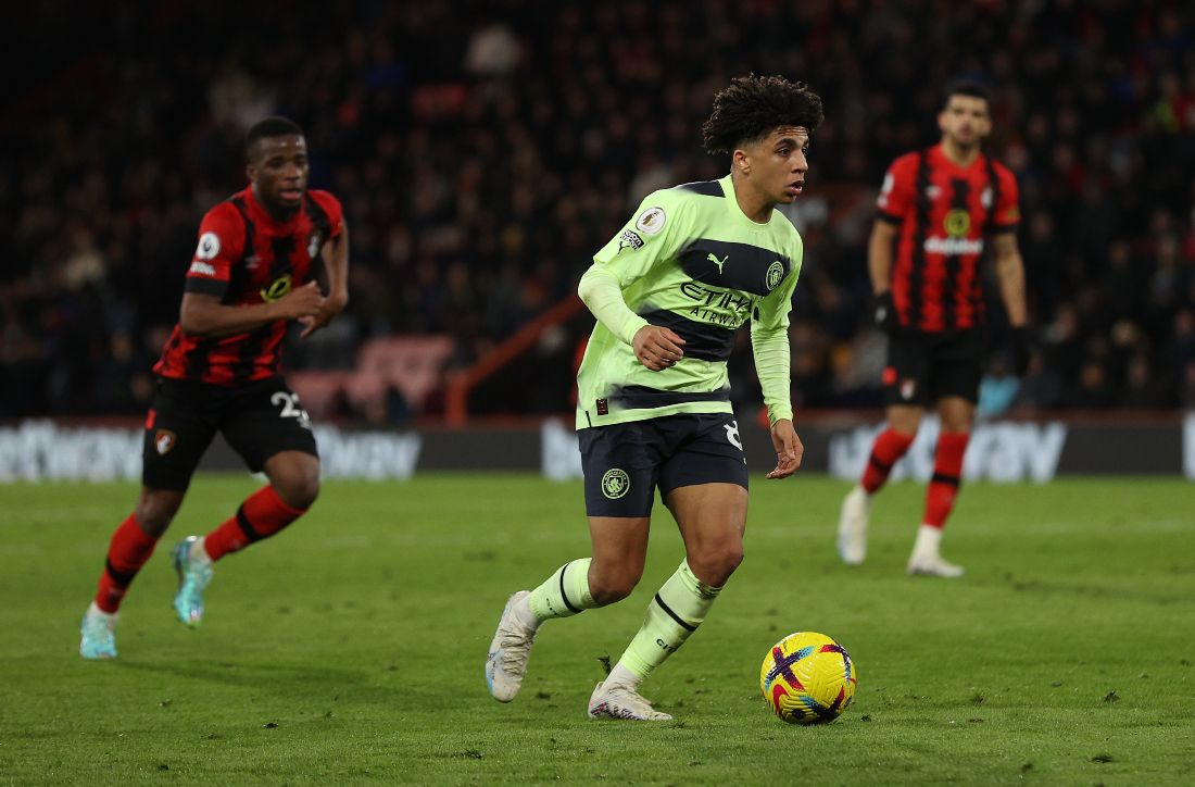 Manchester City's English defender Rico Lewis controls the ball during the English Premier League football match between Bournemouth and Manchester City at the Vitality Stadium. (File/AFP)