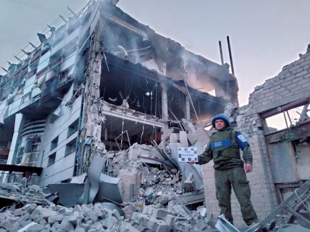 A view shows an industrial building destroyed, according to Russian-installed officials, by a Ukrainian missile strike in Luhansk, Russian-controlled Ukraine, on May 12, 2023. (Reuters)