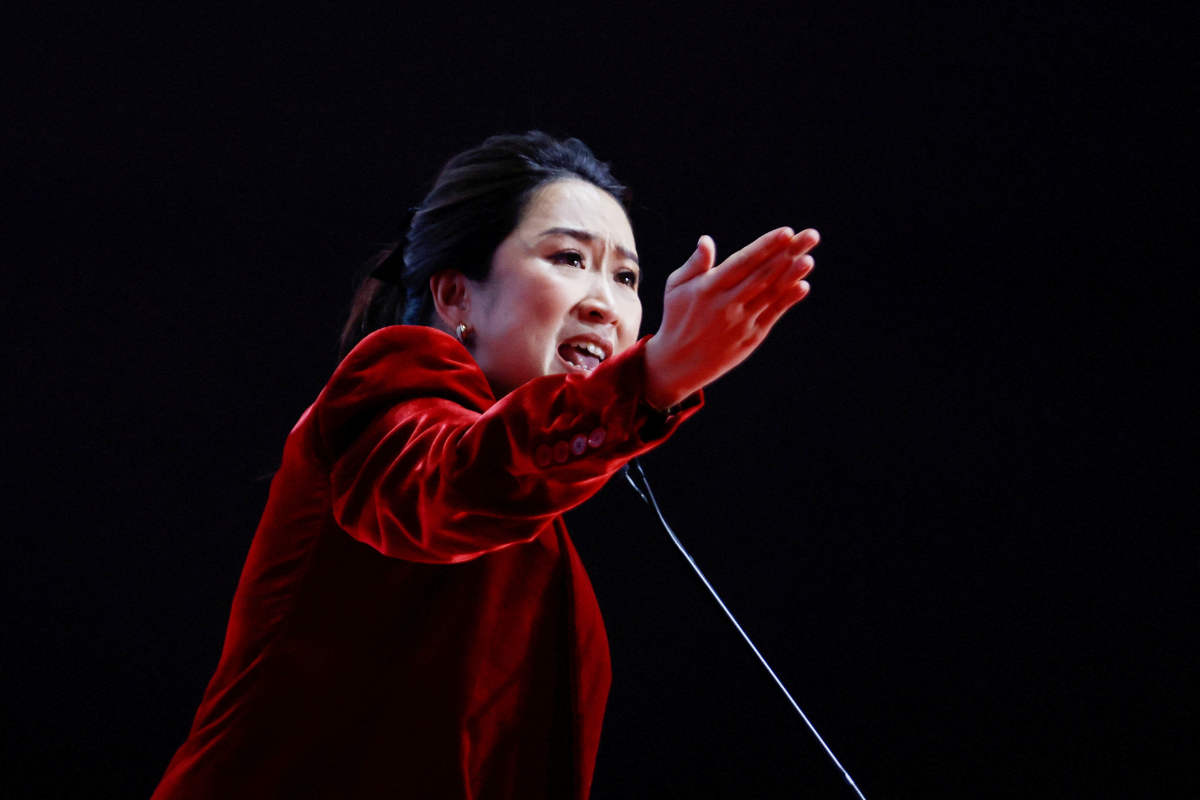 Pheu Thai's prime ministerial candidate Paetongtarn Shinawatra, daughter of former Prime Minister Thaksin Shinawatra, gestures as she speaks during a major rally event ahead of the upcoming election, in Bangkok, Thailand, May 12, 2023. (REUTERS)