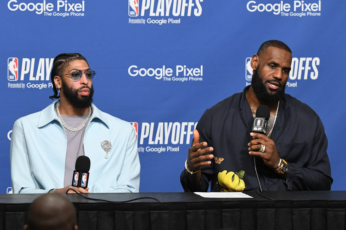 Anthony Davis and LeBron James of the Los Angeles Lakers face the media after Game 6 of the Western Conference SemiFinals 2023 NBA Playoffs at Crypto.Com Arena in Los Angeles. (File/AFP)