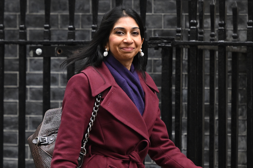 Part of Home Secretary Suella Braverman’s letter says: “For the avoidance of doubt, if possession is not delivered upon by the notice date, you will be a trespasser and the secretary of state for the home department shall be at liberty to evict you from the property.” (AFP)