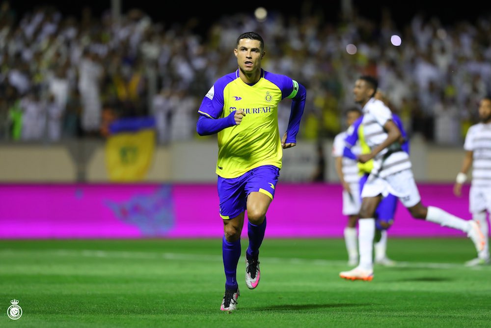 With Cristiano Ronaldo inspiring Al-Nassr to a 2-0 win at Al-Tai, the gap at the top is now three points with three to play. (Twitter/@AlNassrFC)
