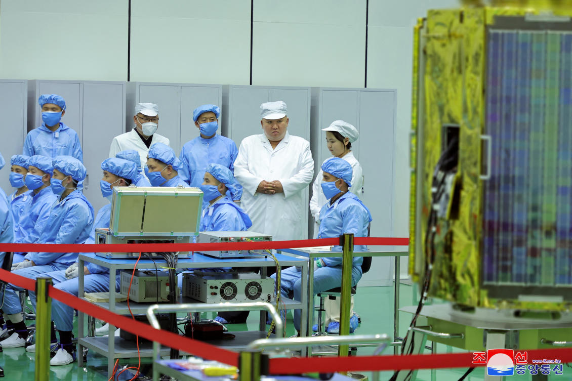 North Korean leader Kim Jong Un and his daughter Kim Ju Ae inspect the country’s first military reconnaissance satellite in Pyongyang in this image released by North Korea’s Korean Central News Agency on May 17, 2023. (KCNA via Reuters)