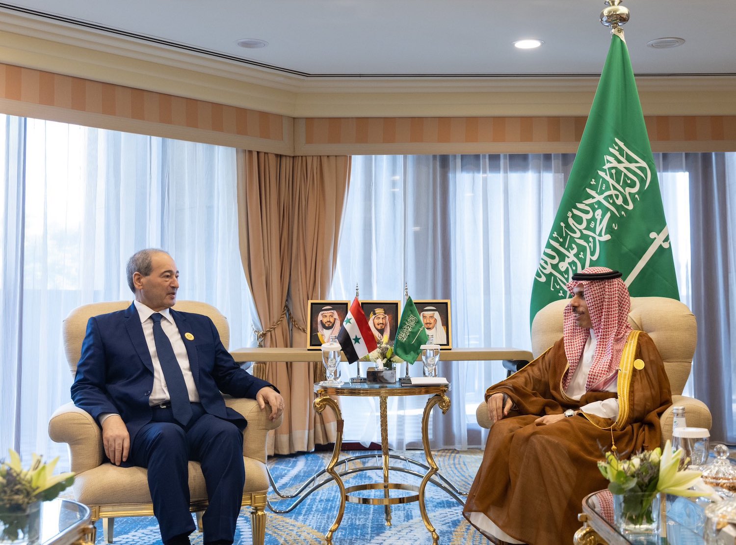 Saudi FM Prince Faisal bin Farhan and his Syrian counterpart Faisal Mekdad meet in Jeddah. (Supplied)
