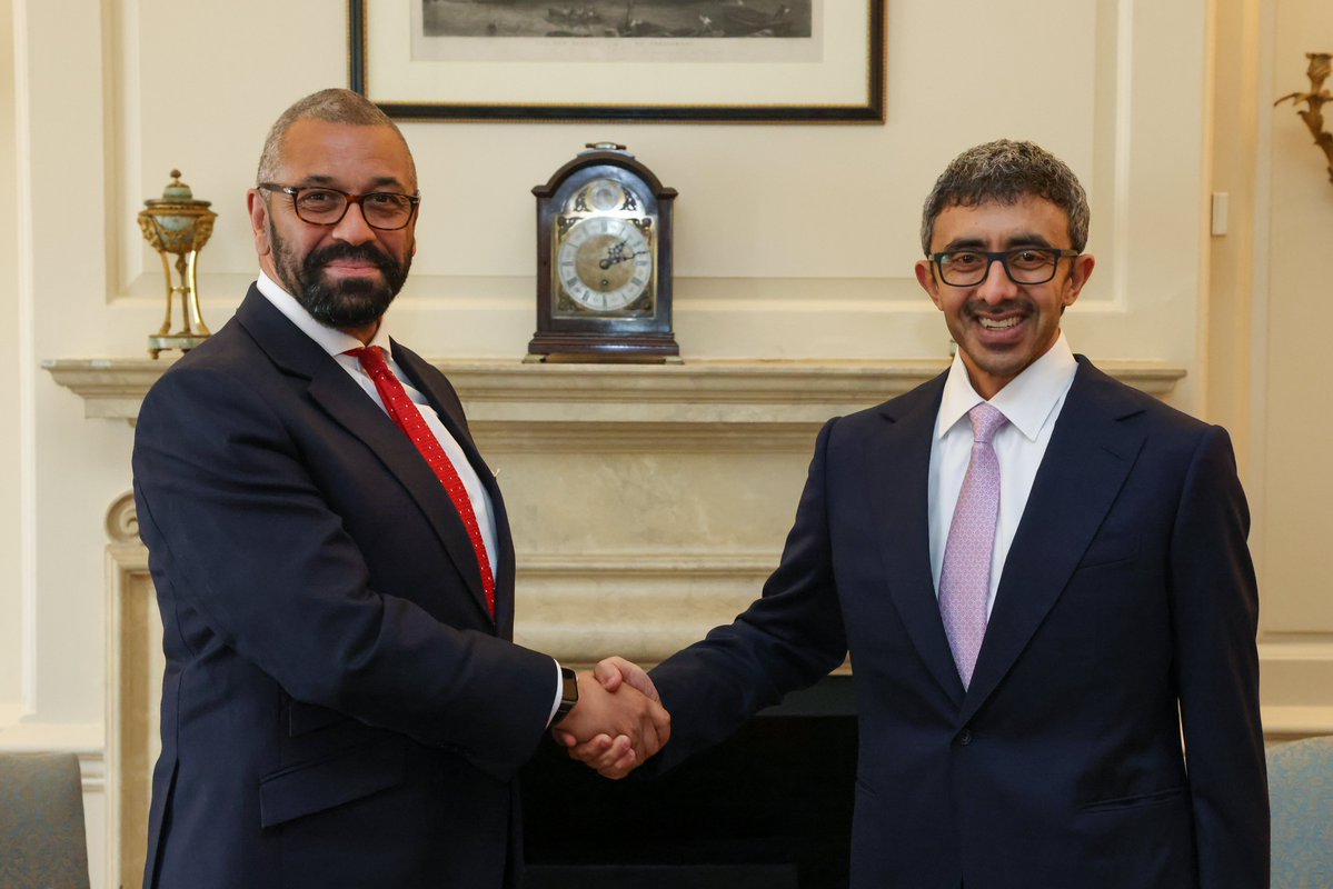 UK Secretary of State for Foreign Affairs James Cleverly and UAE Foreign Minister Sheikh Abdullah bin Zayed. (Twitter/@JamesCleverly)
