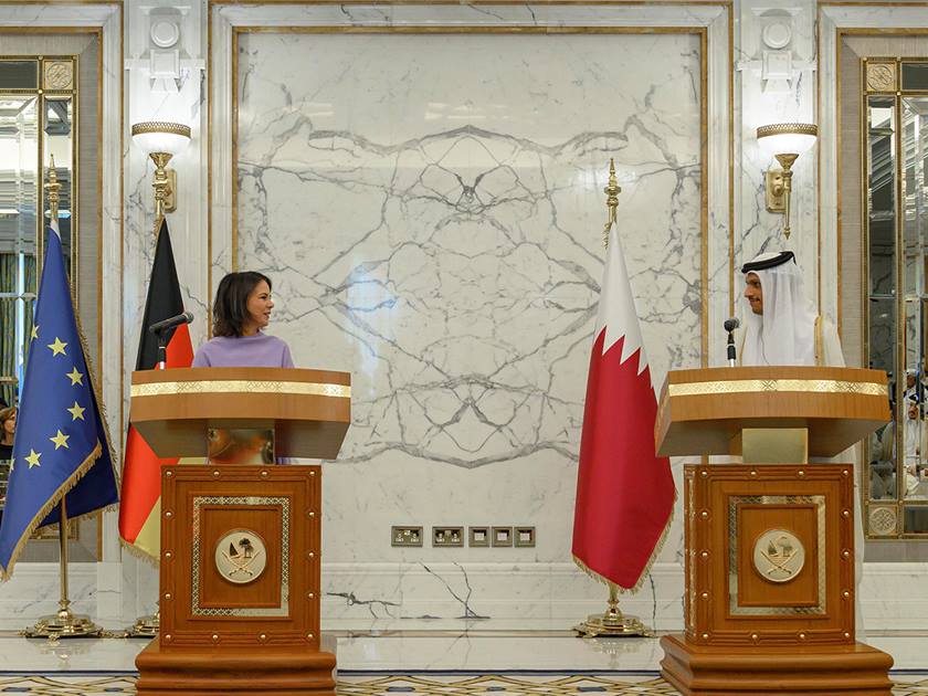 Qatari FM Sheikh Mohammed bin Abdulrahman and his German counterpart Annalena Baerbock. (QNA)