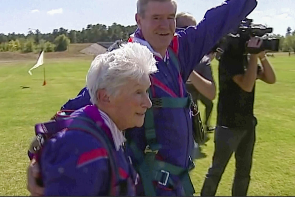 Above, Clare Nowland her skydive in Canberra, Australia, April 6, 2008. Nowland, now 95, is in critical condition two days after police shocked her with a stun. (Australian Broadcasting Corp. via AP)