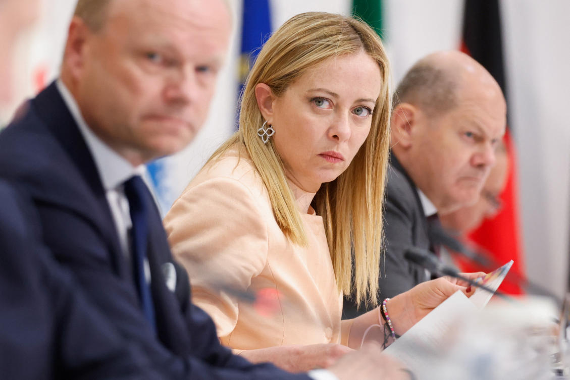 Italy’s Prime Minister Giorgia Meloni attends a Partnership for Global Infrastructure and Investment event during the G7 summit, at the Grand Prince Hotel in Hiroshima on May 20, 2023. (Reuters)