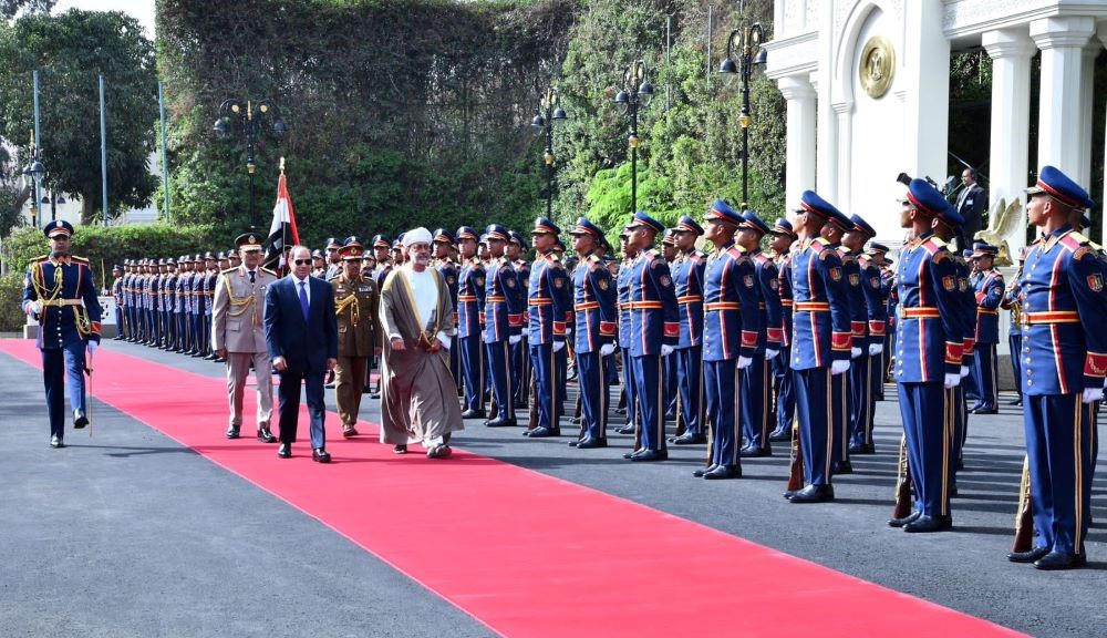 Egypt’s President Abdel Fattah El-Sisi inspects an honor guard with Oman’s Sultan Haitham bin Tariq Al-Said at Al-Ittihadiya Palace in Cairo, Egypt, May 21, 2023.(Reuters)