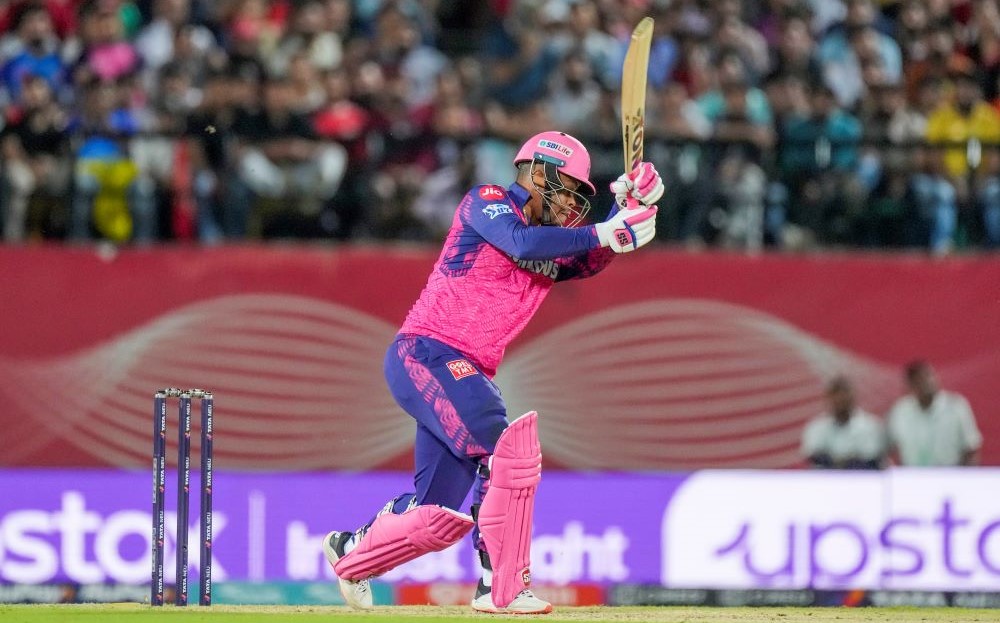 Rajasthan Royals’ Shimron Hetmyer plays a shot during the Indian Premier League cricket match between Punjab Kings and Rajasthan Royals in Dharamshala, India, May 19, 2023. (AP Photo)