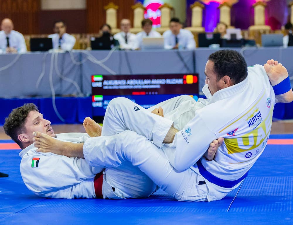 Faisal Al-Ketbi, right, in action during the finals of 94-kilogram division at Thailand Open Grand Prix. (Twitter: @uaejjf)