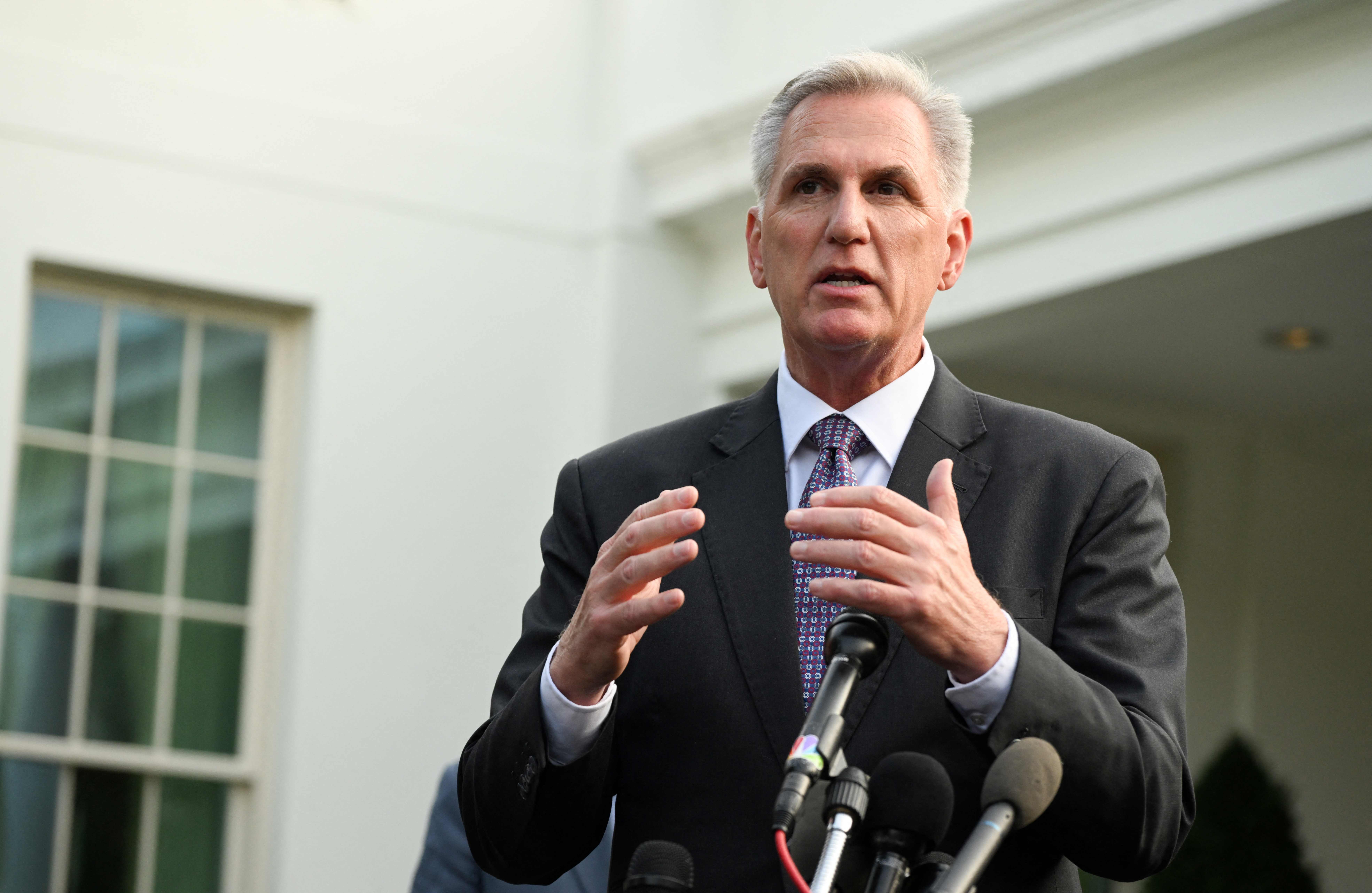 US House Speaker Kevin McCarthy speaks to the media as he leaves a meeting on the debt ceiling with US President Joe Biden at the White House in Washington, DC (AFP)