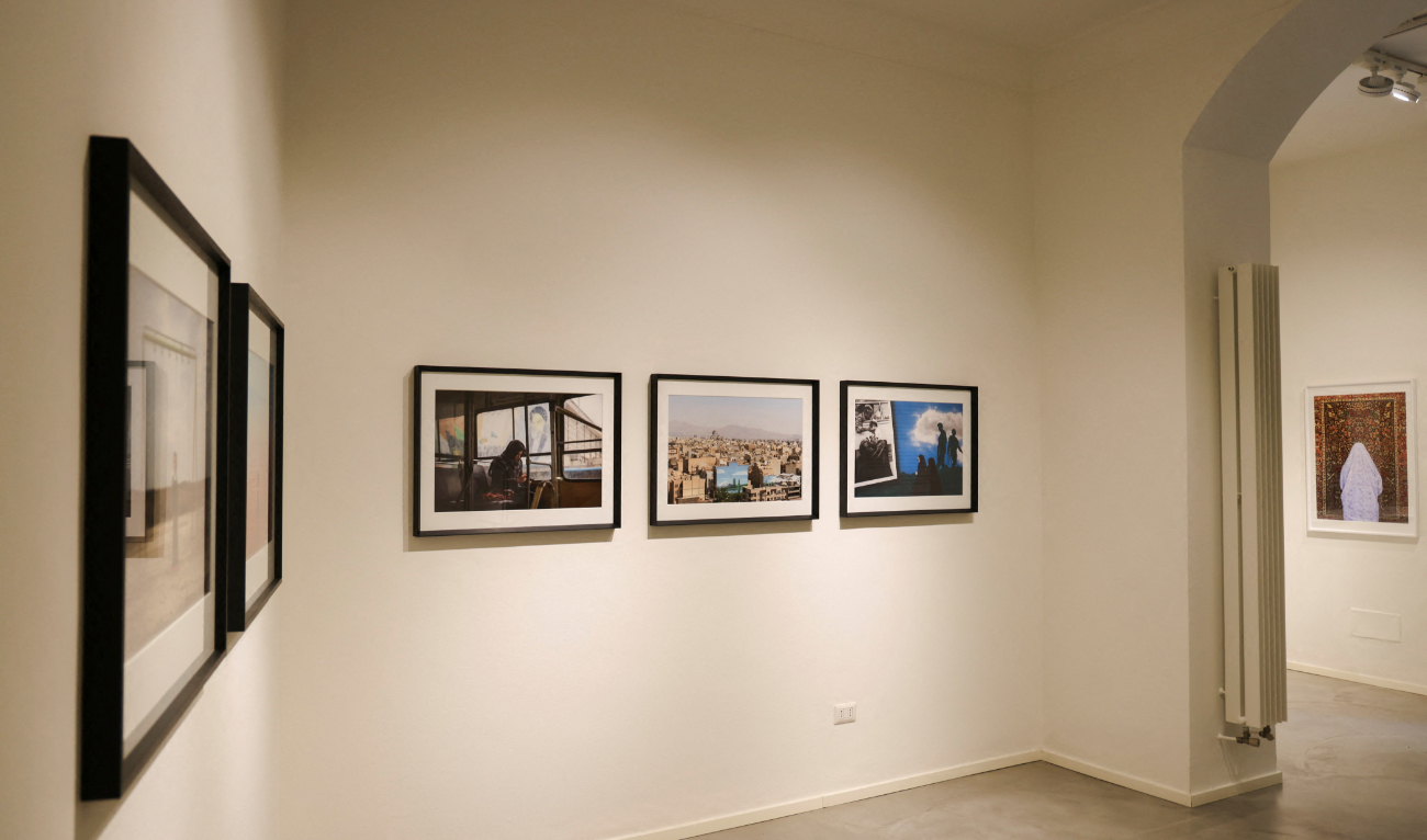 Iranian artist Farnaz Damnabi’s work is displayed at her solo show ‘Unveiled’ at 29 Arts In Progress Gallery, in Milan, Italy, on May 22, 2023. (Reuters)