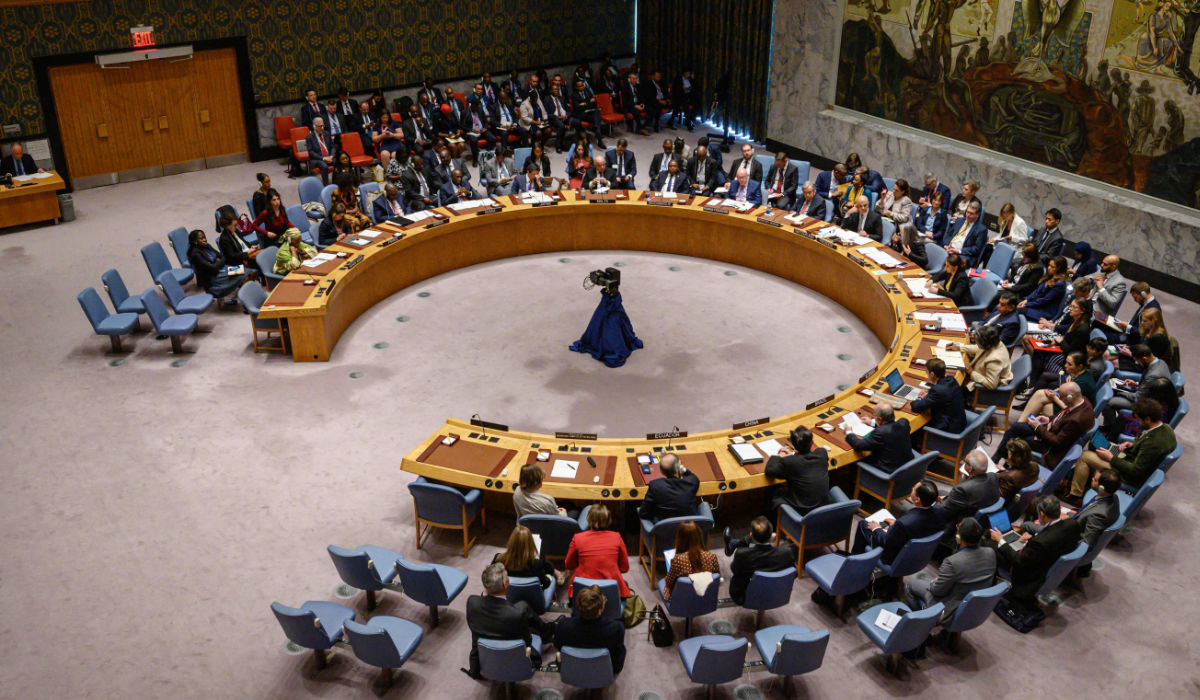 A general view shows a United Nations security council meeting on the protection of civilians in armed conflict, at the UN headquarters in New York on May 23, 2023. (AFP)