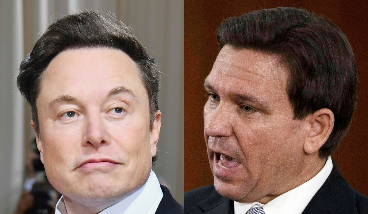 This combination of file pictures created on May 23, 2023 shows Elon Musk arriving for the 2022 Met Gala at the Metropolitan Museum of Art on May 2, 2022, in New York; and Florida Governor Ron DeSantis answering questions from the media in the Florida Cabinet following his State of the State address, March 7, 2023. (AFP)