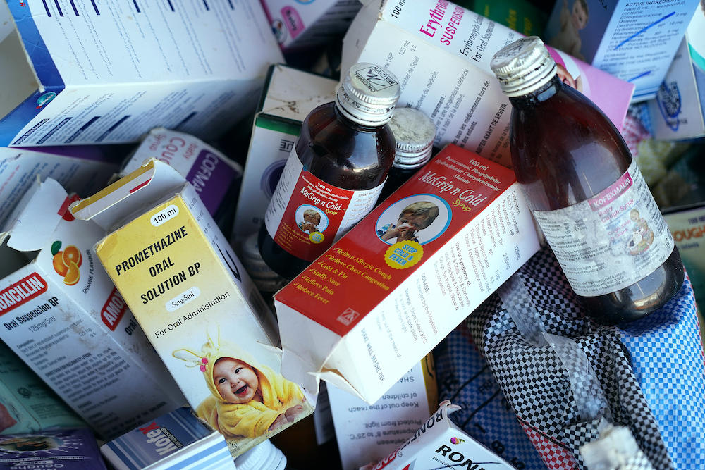 From June 1, all cough syrup exported from India will need a certificate of analysis from a government laboratory after child deaths in Gambia and in Uzbekistan last year. Above, collected cough syrups in Banjul, Gambia on Oct. 06, 2022. (AFP)