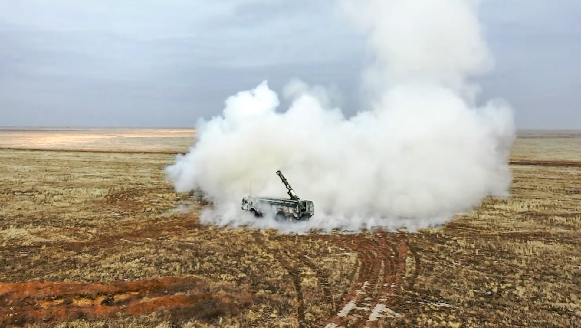A Russian Iskander-K missile launching during a training launch as part of the Grom-2022 Strategic Deterrence Force exercise at an undefined location in Russia (AFP)