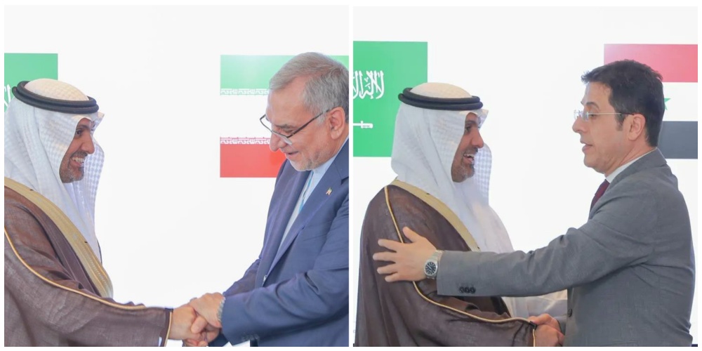 Saudi Minister of Health Fahad Al-Jalajel greets Iran’s Health Minister Dr. Bahram Eynollahi (L) and his Syrian counterpart Dr. Hassan Al-Ghobash (R). (SPA)
