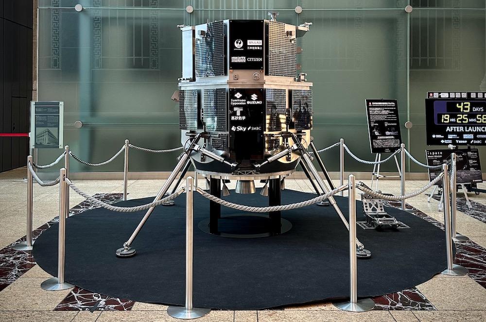 Above, a full-scale model of the Hakuto-R lander on display in Tokyo earlier this year. ispace said improvements would be made for its second and third missions to the moon after the first failed last month. (Twitter: @ispace_inc)