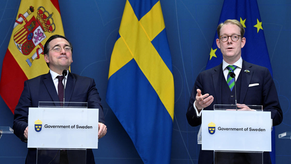 Sweden’s Foreign Minister Tobias Billstrom and Spain’s Foreign Minister Jose Manuel Albares Bueno attend a news conference at the government headquarters in Stockholm on May 26, 2023. (Reuters)
