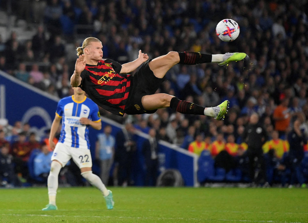 Manchester City’s Erling Braut Haaland in action during their Premier League match against Brighton & Hove Albion at The American Express Community Stadium, Brighton on May 24, 2023. (Reuters)