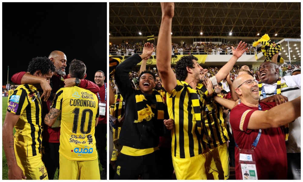 Al-Ittihad players and coach Nuno Santo celebrate the club's first league title in 14 years. (Twitter/@ittihad_en)