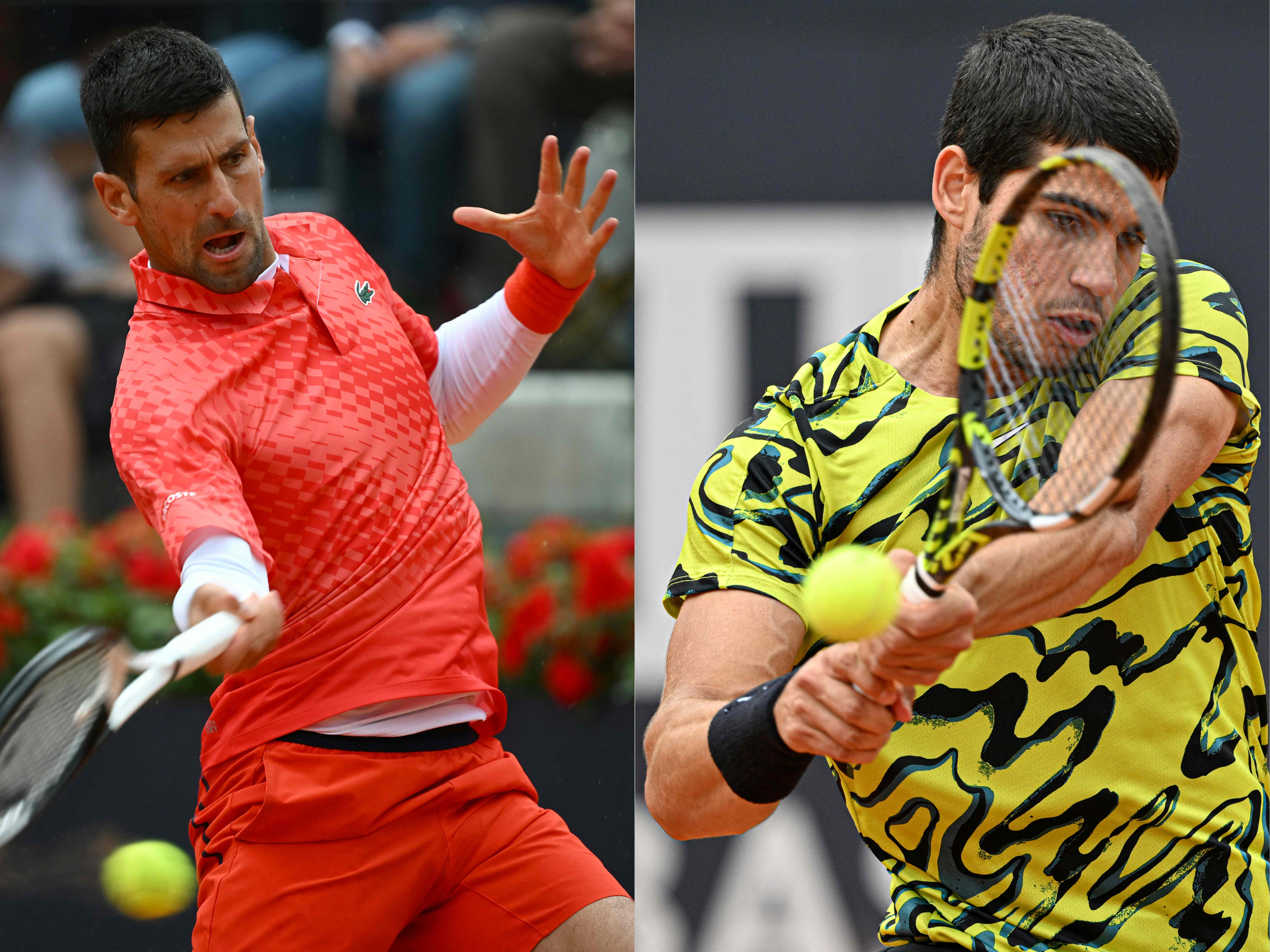 Serbia's Novak Djokovic (L) could face Spain's world No.1 Carlos Alcaraz (R) in the semifinals of the French Open after both players were placed in the same half of the draw. (File/AFP)