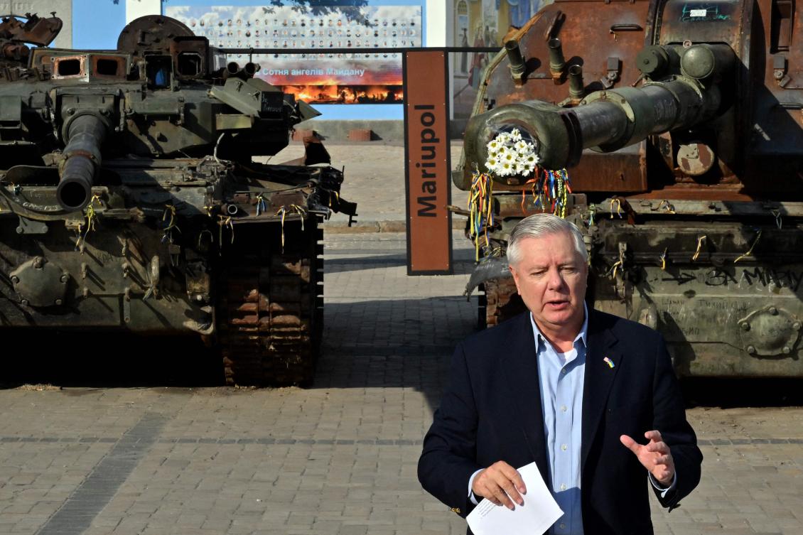 US Senator Lindsey Graham speaks during a press conference at an open air exhibition of destroyed Russian military vehicles in Kyiv. (File/AFP)